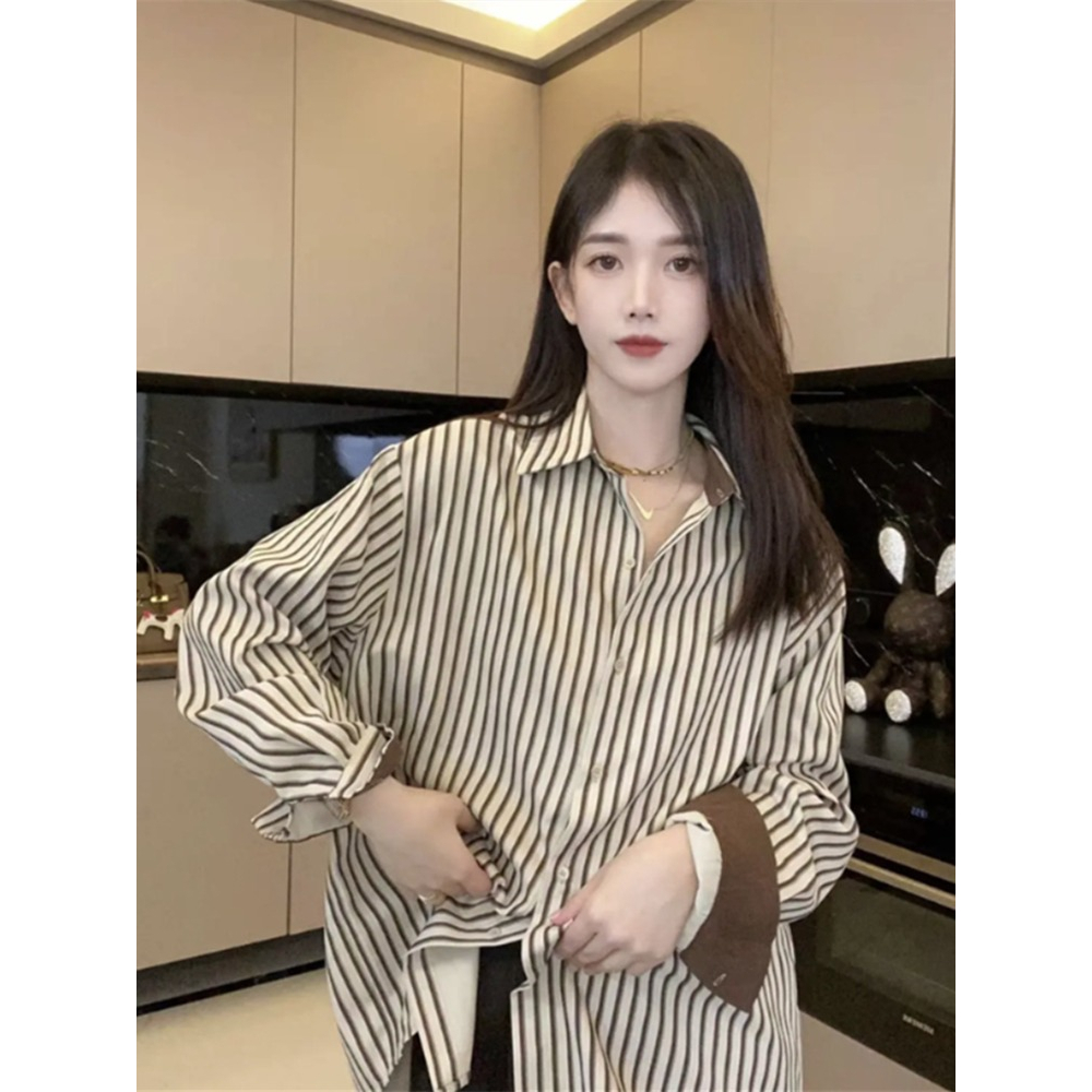 PB2970 เสื้อเชิ้ตลายทางคอปกแขนยาวผู้หญิง oversize shirt เสื้อกระดุมหน้าขาตรงแฟชั่นสไตล์เกาหลีลำลอง เนื้อผ้านุ่มบางเบา
