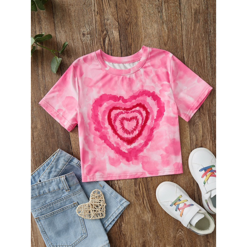 เสื้อยืดเด็กผู้หญิงลายมัดย้อมรูปหัวใจ คอกลม ช่วงอายุ8-12ปี