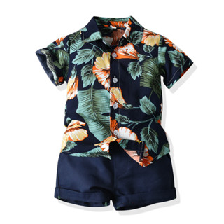 Hawaiian print shirt+short set ฟ้าาาาาาา