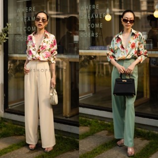 เซตลายดอก 2 ชิ้น เสื้อเชิ้ตลายดอก+กางเกงขายาวสีพื้น VSHOP