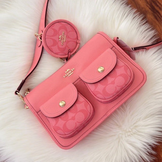 🎀 (สด-ผ่อน) กระเป๋าสะพายสีชมพู 10.5 นิ้ว Coach CA906 Pennie Crossbody With Coin Case With Signature Canvas