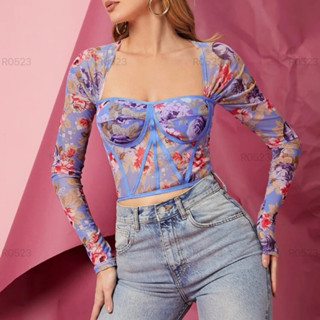 (พร้อมส่ง) เสื้อแขนยาว แฟชั่นสำหรับผู้หญิง เสื้อรัดรูปพิมพ์ล…