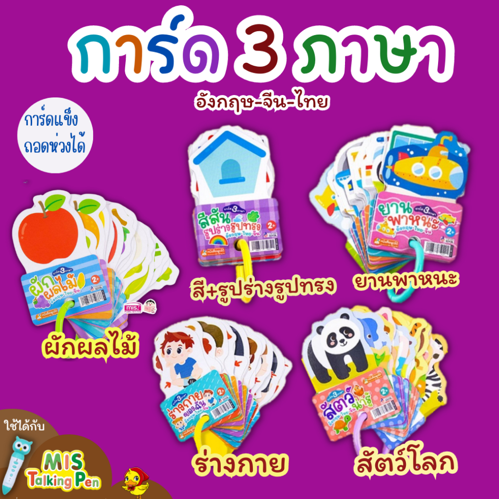 แฟลชการ์ดการ์ด 3 ภาษา (แยกหมวด) อังกฤษ-ไทย-จีน การ์ดแข็ง card มีห่วงถอดได้ การ์ดเสริมพัฒนาการ