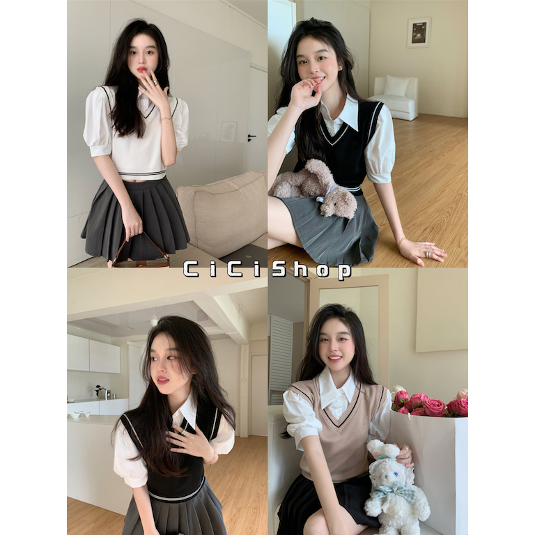 Cicishop(03015)เสื้อไหมพรมดีเทลด้านใน 2 ชั้น มีกั๊กและเชิ๊ตใส่แล้วเกาหลีมาก