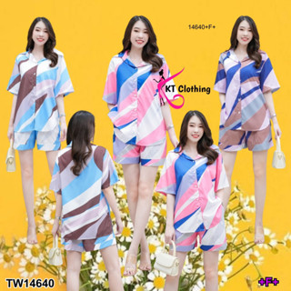 TwinsShopVip💗พร้อมส่ง TW14640 Set เสื้อเชิ้ตแขนสั้น+กางเกงขาสั้น ลายกราฟฟิก