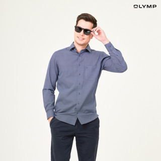 OLYMP GREEN CHOICE LUXOR Shirt เสื้อเชิ้ตชายรักษ์โลก สีน้ำเงินเข้ม พิมพ์ลายตารางสี่เหลี่ยม ทรงหลวม ใส่สบาย รีดง่าย