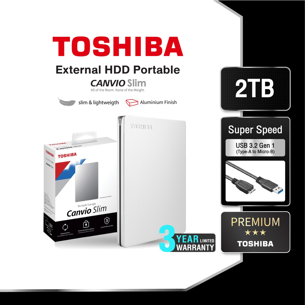 Toshiba External HDD (2TB) USB 3.2  SuperSpeed,(Canvio Slim)Security Auto-backup 2.5" สีเงิน ฮาร์ดดิสพกพา(HDTD320AS3EA)