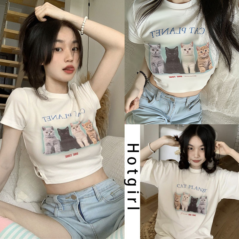 Hotgirl พร้อมส่งจากกทม เสื้อครอป Y2K CROP TOP ย้อนยุคอเมริกัน แขนสั้นทรงเข้ารูป sexy