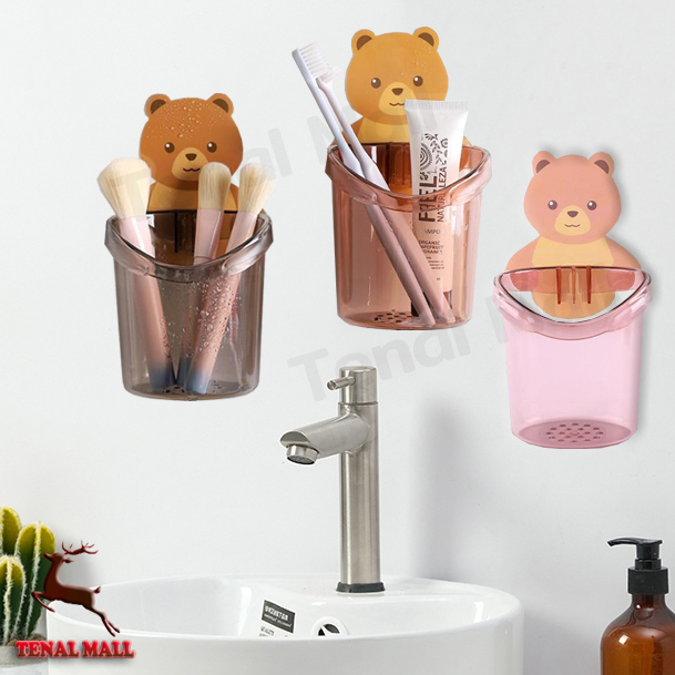 ที่วางแปรงสีฟัน ชั้นวางของในห้องน้ำติดผนัง กล่องเก็บอุปกรณ์อาบน้ำ หมีน้อย แบบไม่เจาะ