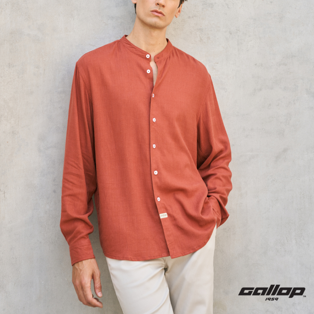 GALLOP : Linen Long Sleeve Mandarin Collar Shirt เสื้อคอแมนดาริน ผู้ชาย แขนยาว ผ้าลินิน รุ่น GW9025 สี Brick- ส้มอิฐ