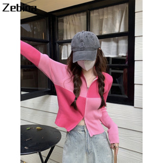 Zebina เสื้อถักสำหรับผู้หญิงสไตล์สั้นซิปแขนยาวเสื้อคาร์ดิแกนถัก