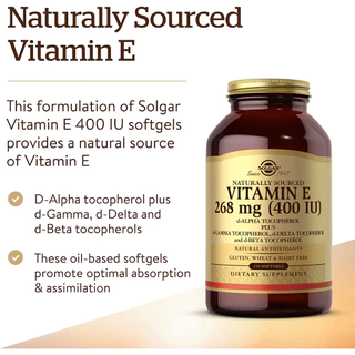 พร้อมส่ง!! Solgar, Naturally Sourced Vitamin E, 268 mg (400 IU), 250 Softgels วิตามินอี