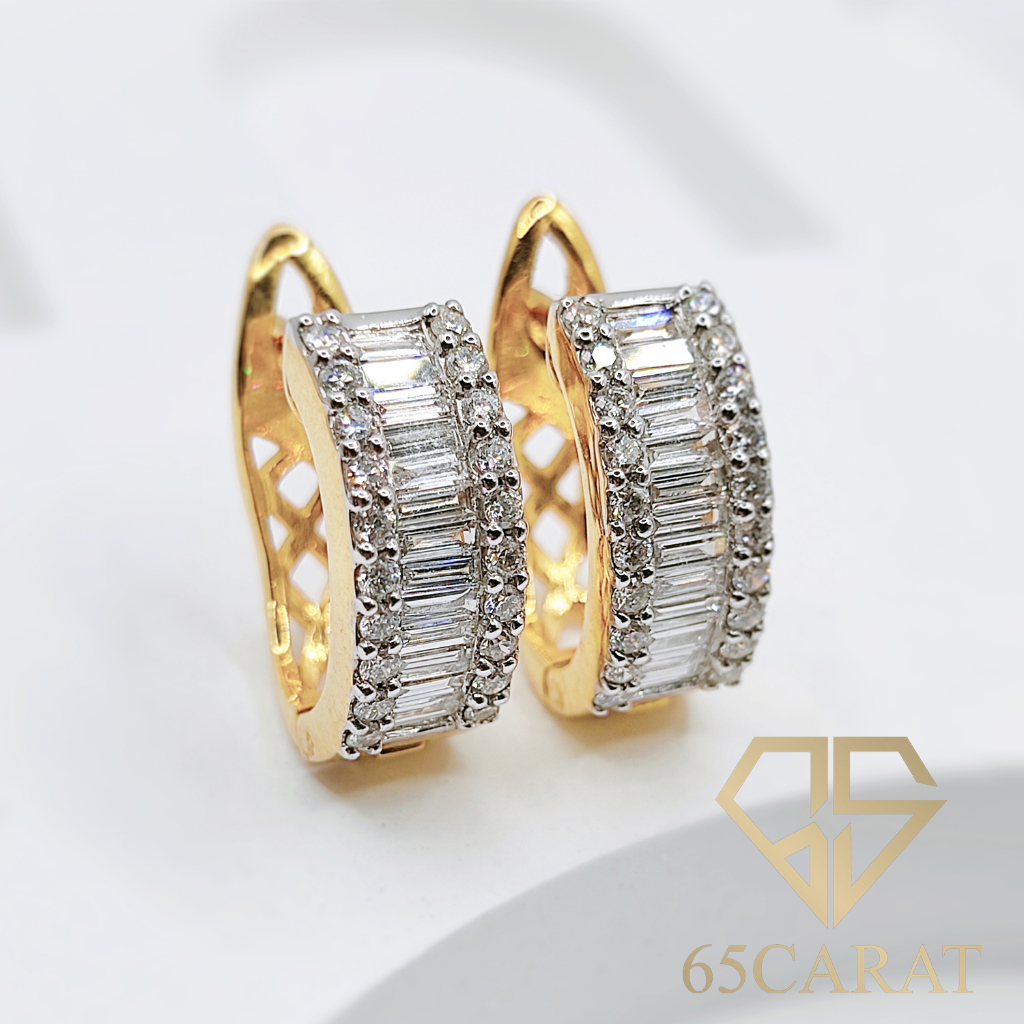65Carat - ต่างหูเพชรบาเก็ต เพชรน้ำ100 น้ำหนัก1กะรัต ต่างหูทองคำแท้9K{37.5%}