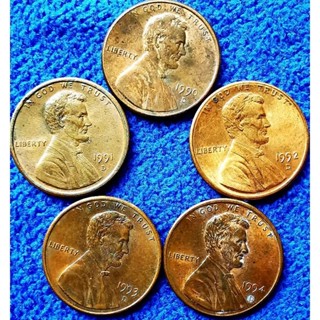 เหรียญ​สหรัฐอเมริกา​ USA, 1​Cent​ Lincoln, เรียง​ปี​ 1990-1994, รวม 5 เหรียญ​ 20 บาท,#​651, ใช้แล้ว