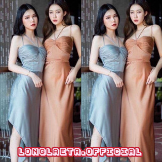 Satin dress เดรสยาว เดรสสายเดี่ยว เฉียงข้าง ผ้าซาติน จับจีบช่วงอก สายไขว้หลัง ชุดออกงาน เดรสเซกซี่ เดรสเรียบหรู