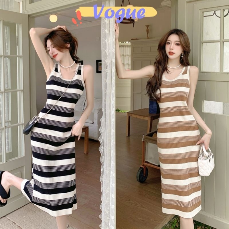 Vogue พร้อมส่ง ชุดเดรสไหมพรมแขนกุด ดีเทลลายทาง รัดรูปใส่สบายมาก (A578) -C