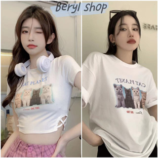Beryl🌻เสื้อท่อนบน🍒เสื้อยืดแขนสั้นพิมพ์ลายแมวสําหรับผู้หญิง