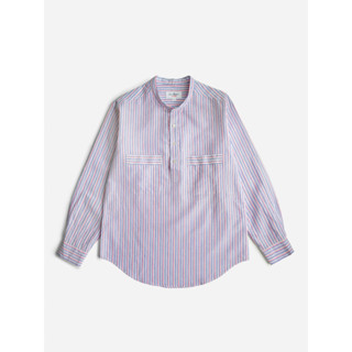 [JBB*] PINK MULTI STRIPE COTTON/LINEN BAND COLLAR PULLOVER SHIRT เจบีบี เชิ้ต ผ้าคอตตอนผสมลินิน แขนยาว แบบสวมหัว