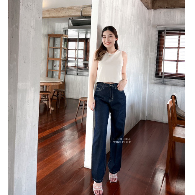 กางเกงยีนส์เอวสูงทรงกระบอก สีเอิร์ธโทน MEESUK JEANS กางเกงพรางหุ่นสุดๆ