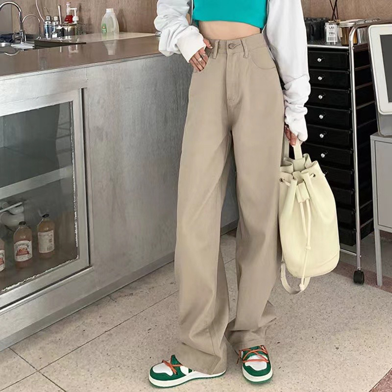 swan shop กางเกงขากระบอก สีกากี