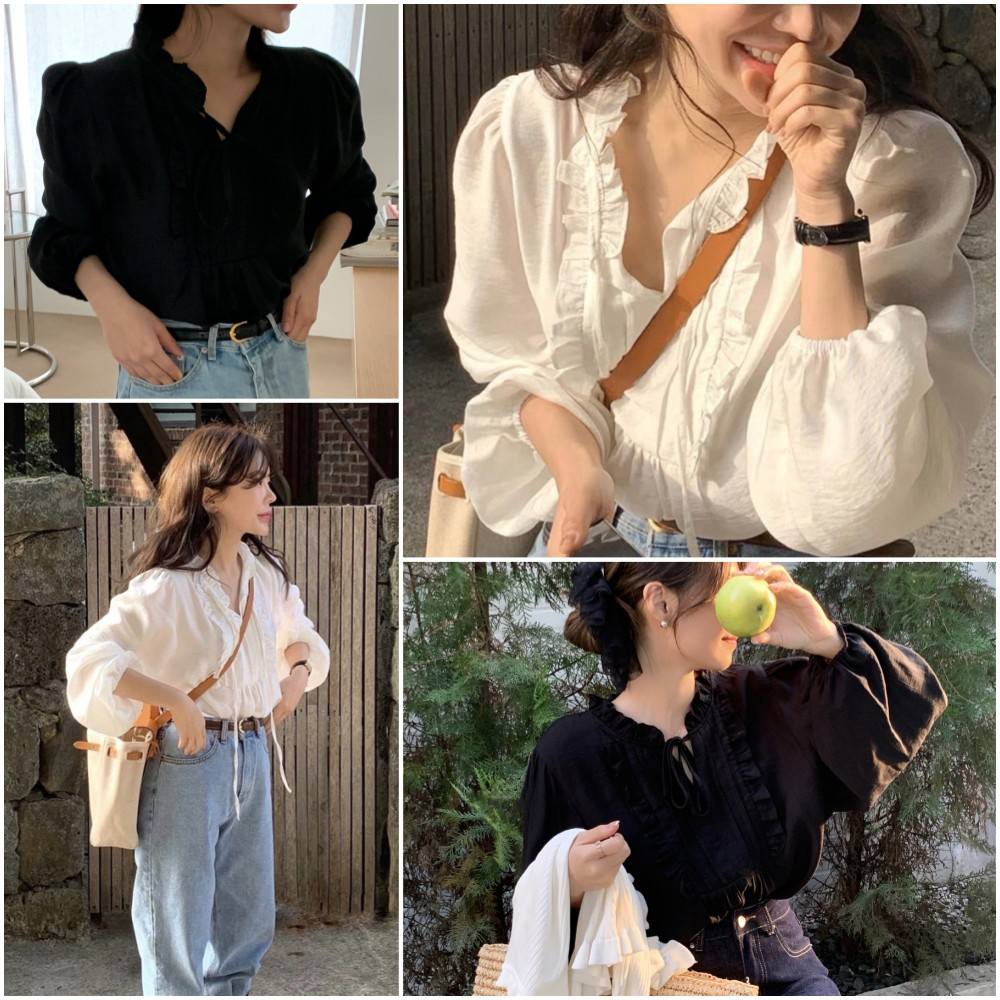 เสื้อเชิ้ตชีฟองแขนยาวพองคอปกหน้าวีแหวกลึกผู้หญิง MCB2947 จีบแขนพัฟแฟชั่นเรียบๆ ทรงหลวม สีขาว/ดำ free size