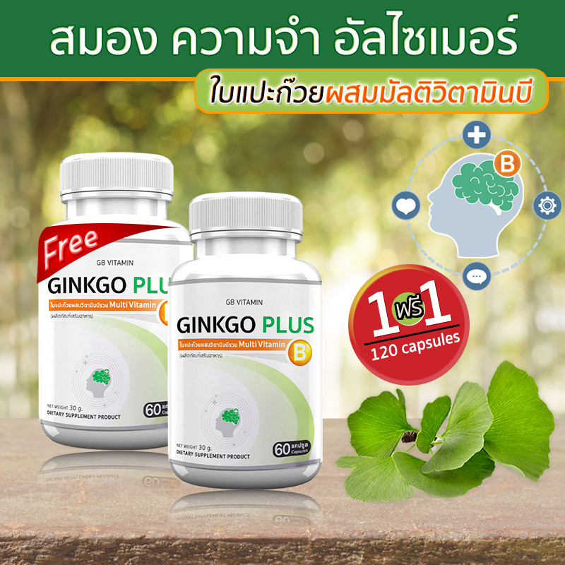 GB Ginkgo Plus-B อาหารเสริม ใบแปะก๊วยผสมวิตามินบีรวม สารสกัดใบแปะก๊วย โปรพิเศษ ซื้อ 1 แถม 1 รวม 120 แคปซูล