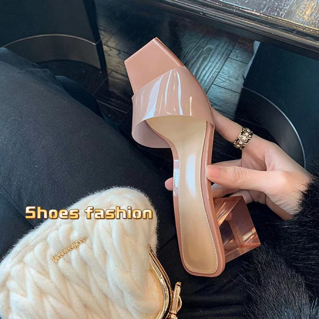 One for all พร้อมส่งจากไทย TX431 รองเท้าแตะ ส้นบล็อก หัวสี่เหลี่ยม  สีโปร่งใส ไซซ์ 35-40