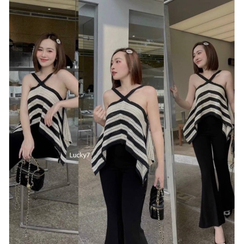 เสื้อคล้องคอทูโทน สวยแพงรับซัมเมอร์เนื้อไหมถัก พร้อมส่ง