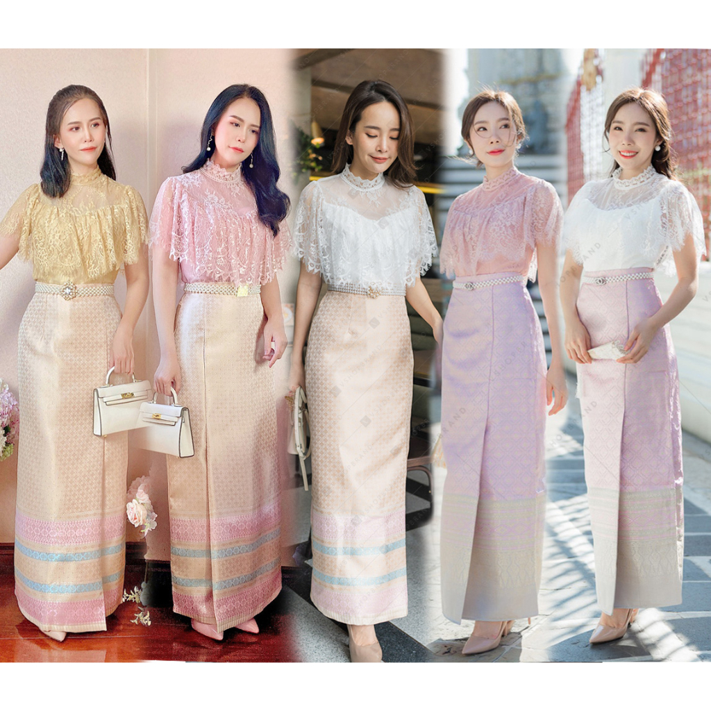 ชุดไทยประยุกต์ ใส่ทำบุญ สีขาว/สีชมพู/สีทอง/สีครีม S-XXL
