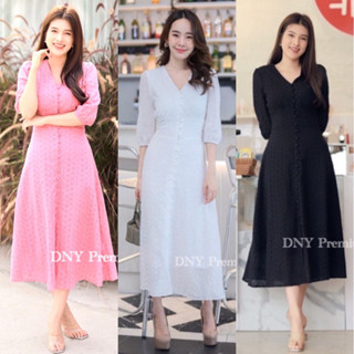 🌷พร้อมส่ง M-4XL🌷ป้าย DNY 💕เดรสลูกไม้ฉลุกระดุมหน้า ชุดไปทำบุญ ใส่ได้ทุกโอกาส เรียบหรู