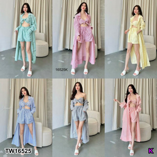 TwinsShopVip💗พร้อมส่ง TW16525 Set 3 ชิ้น เสื้อเชิ้ตแขนยาว + ผ้าผูกอก + กางเกงขาสั้น TW16525 Set 3 pieces: long sleeve sh