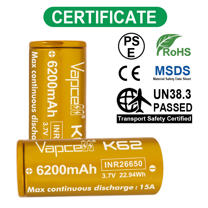 (มาใหม่ !!!) Vapcell  26650 K62 6200mAh 3.7V  ถ่านชาร์จสีทอง หัวแบน  จ่ายกระแส  15A /25A