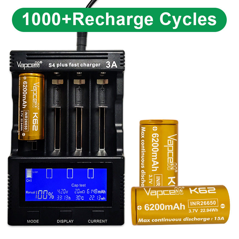 (มาใหม่ !!!) Vapcell  26650 K62 6200mAh 3.7V  ถ่านชาร์จสีทอง หัวแบน  จ่ายกระแส  15A /25A