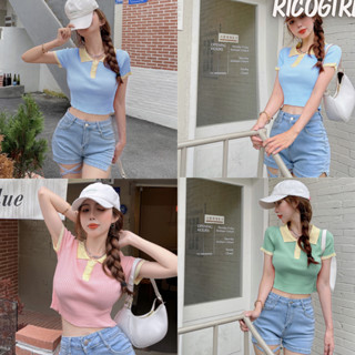 【RicoGirl】 *พร้อมส่ง*  เสื้อไหมพรมคอปกแขนสั้น กระดุมหน้าขอบสี #39087 เสื้อผ้า เสื้อยืด เสื้อแฟชั่น เสื้อผู้หญิง เสื้อ