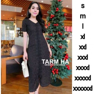 เดรสดำออกงาน!!! S-6XL Dress เดรสสีดำแขนสั้นผ้าฉลุลายแต่งกระดุมหน้า งานป้าย Tarm-Ha