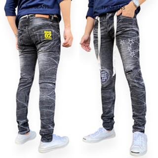 JEANSEXPRESS Skinny Mens กางเกงยีนส์สกินนี่ชาย สีเทาฟอกแต่งเซอร์ ผ้ายืด สวมใส่สบาย มีเชือก Size 28-36