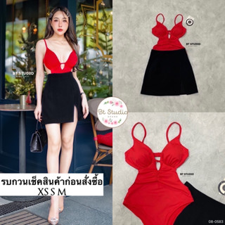 เซท 2 ชิ้น บอดี้สูทสายเดี่ยวสีแดง เว้าหลังแต่งสายคาดด้านหลัง เว้าเอวทั้งสองข้าง ช่วงอกเสริมฟองน้ำ งานเนื้อผ้าเข้ารูป