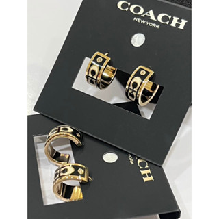 พร้อมส่ง แท้ 🇺🇸💯% New Coach ต่างหู Signature Enamel Huggie Earrings (CI903) Gold/Black