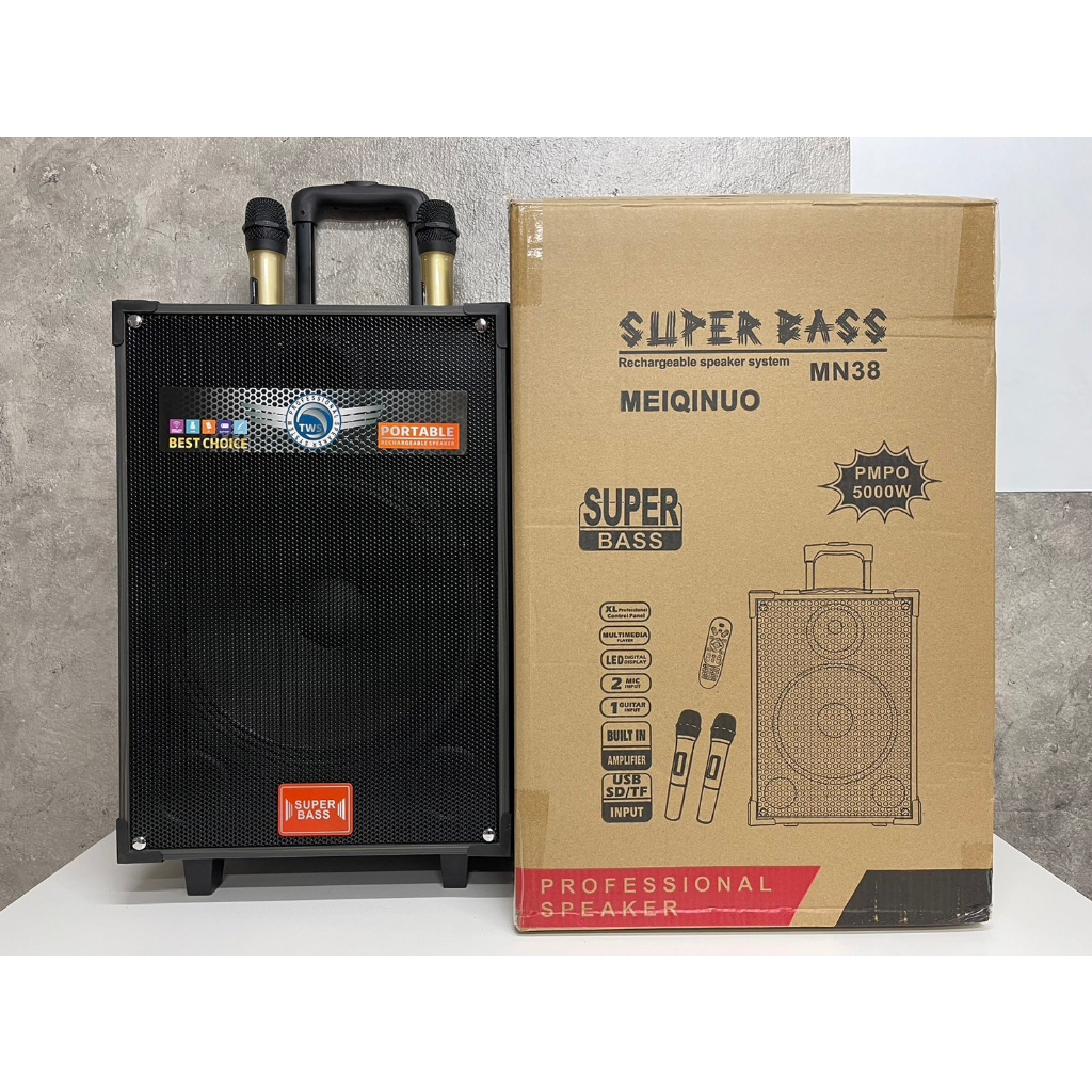 super bass ลำโพงลูทูธ รุ่น MN38 เบสแน่นสุดๆ 5000วัตต์ ฟังก์ชั่นครบ ปรับเสียงได้ เสียงดี มีคันชัก มีล้อลาก แถมฟรี ไมค์ลอย