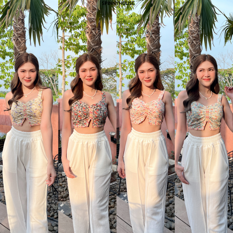 MesubShop เสื้อไปทะเล ต้อนรับซัมเมอร์ ใส่สบาย ด้านหลังยืด เสื้อครอปสั้น ดีเทลช่วงขอบลายดอกไม้ รุ่น โบกี้ลายดอก
