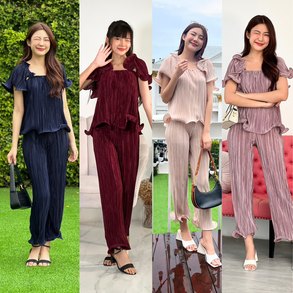NOOZZSHOP 5610930 ชุดเซ็ทเสื้อ กางเกง ผ้าพลีท กางเกงขายาว