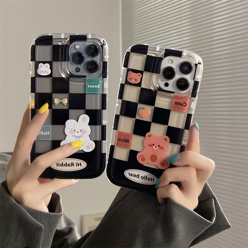 หมีน่ารักและกระต่ายตรวจสอบพิมพ์เคสโทรศัพท์กันกระแทกแบบใส For iPhone 15 11 12 13 14 Pro Max XR X XS Max 6 7 8 SE 15 Pro