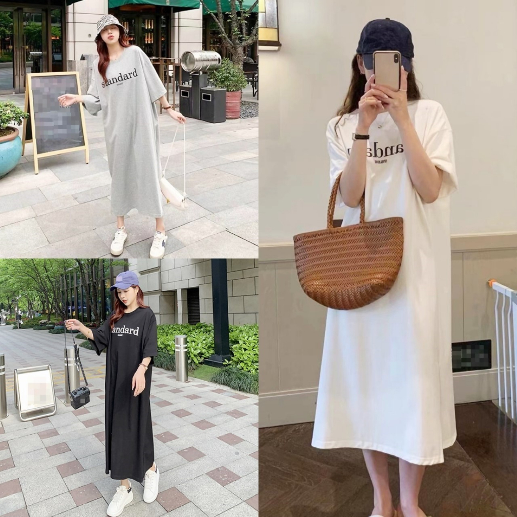 🔥ราคาถูกที่สุด🔥ชุดเดรสยาวทรงโอเวอร์ไซส์ สกรีนลาย standard 4 สี คอกลมแขนสั้น