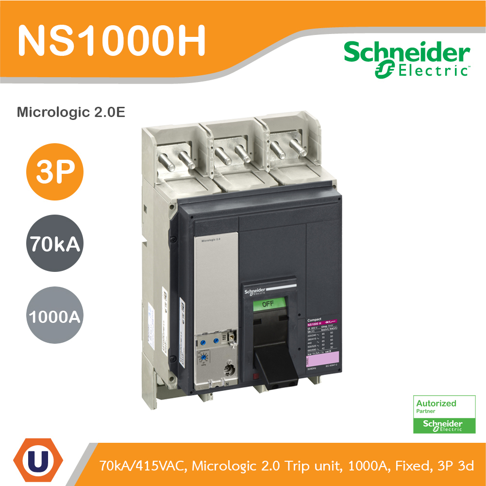 Schneider Circuit breaker, ComPact NS1000H, 70kA/415VAC, Micrologic 2.0 trip unit, 1000A, fixed, 3 p