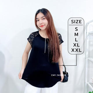 4011# เสื้อยืด S-XXL  แขนลายลูกไม้ ดีเทลแต่งซิปหน้าอก ผ้านิ่ม งานน่ารัก