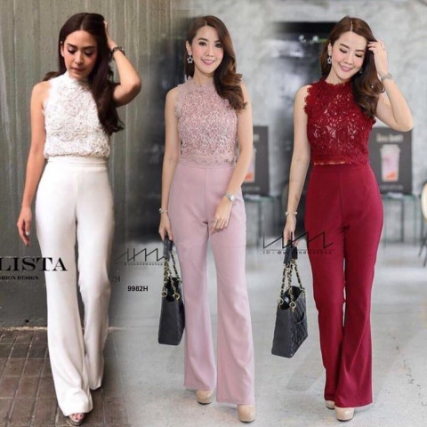 CS9982 Set 2 ชิ้น เสื้อลูกไม้แขนกุด+ กางเกงเอวสูงขายาว Set of 2 pieces. Sleeveless lace top + high w