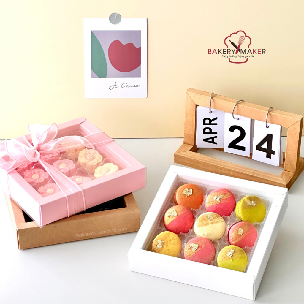 กล่องมาการอง 9 หลุม ฝาเลื่อนใส 5 ใบ มี 3 สี / กล่องของชำร่วยแบ่งช่อง Macaron box ช็อคโกแล็ต คุกกี้