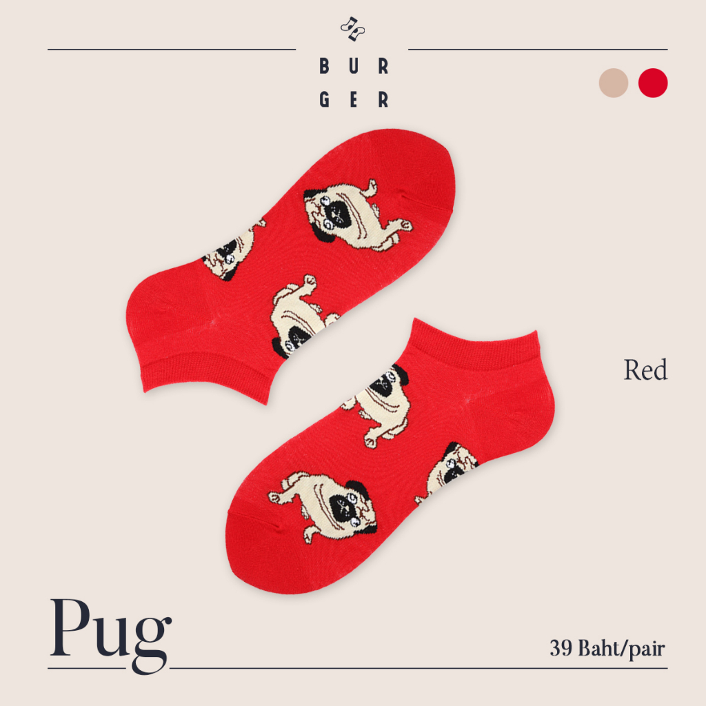 Pug-red ถุงเท้าข้อสั้นแฟชั่น ลายหมาปั๊ก สีแดง น่ารัก ราคาถูก คุณภาพดี