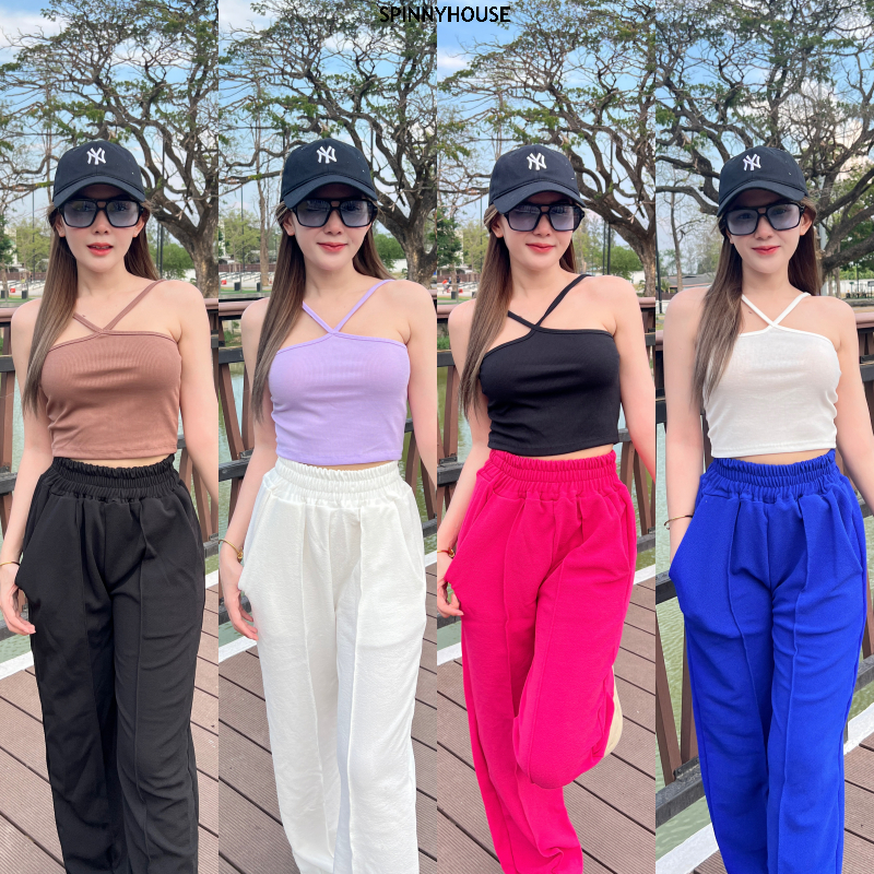 SpinnyHouse กางเกงเอวสูง ผ้าวูลเวฟ มีประเป๋าข้าง แมชง่าย ผ้าหนานุ่มมาก ยืดได้เยอะ y2k มีแต่งกุ้นหน้า รุ่น ฮะเก๋า