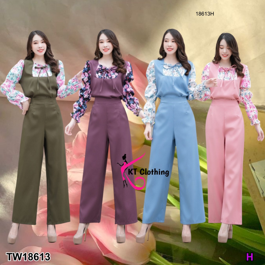 TwinsShopVip พร้อมส่ง TW18613 / TW22041 Set 2 ชิ้น เสื้อทูโทนแขนจั๊มลายดอก+กางเกงขายาว